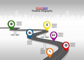 vector plantilla infografía línea de tiempo de operaciones comerciales con banderas y marcadores de posición en carreteras con curvas. símbolos, pasos para una planificación empresarial exitosa adecuados para publicidad y presentaciones