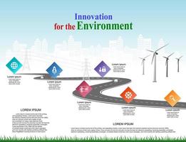 Vector template infographic Timeline of business operations with flags and placeholders on curved roads. Innovation, for environment and society city that can live together. Symbols, steps for success