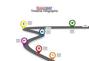 Vector template infographic Timeline of business operations with flags and placeholders on curved roads. Symbols, steps for successful business planning Suitable for advertising and presentations