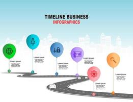 vector plantilla infografía línea de tiempo de operaciones comerciales con banderas y marcadores de posición en carreteras con curvas. símbolos, pasos para una planificación empresarial exitosa adecuados para publicidad y presentaciones