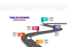 Vector template infographic Timeline of business operations with flags and placeholders on curved roads. Symbols, steps for successful business planning Suitable for advertising and presentations