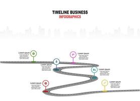 vector plantilla infografía línea de tiempo de operaciones comerciales con banderas y marcadores de posición en carreteras con curvas. símbolos, pasos para una planificación empresarial exitosa adecuados para publicidad y presentaciones