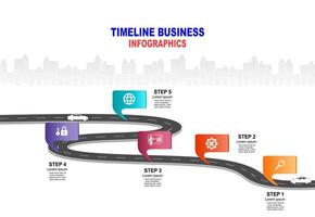 vector plantilla infografía línea de tiempo de operaciones comerciales con banderas y marcadores de posición en carreteras con curvas. símbolos, pasos para una planificación empresarial exitosa adecuados para publicidad y presentaciones