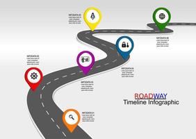 vector plantilla infografía línea de tiempo de operaciones comerciales con banderas y marcadores de posición en carreteras con curvas. símbolos, pasos para una planificación empresarial exitosa adecuados para publicidad y presentaciones