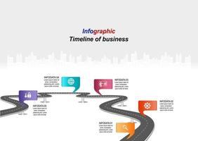 Vector template infographic Timeline of business operations with flags and placeholders on curved roads. Symbols, steps for successful business planning Suitable for advertising and presentations