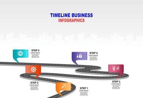 vector plantilla infografía línea de tiempo de operaciones comerciales con banderas y marcadores de posición en carreteras con curvas. símbolos, pasos para una planificación empresarial exitosa adecuados para publicidad y presentaciones