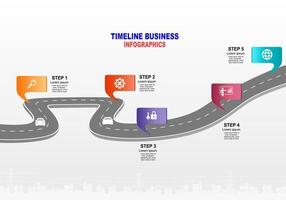 Vector template infographic Timeline of business operations with flags and placeholders on curved roads. Symbols, steps for successful business planning Suitable for advertising and presentations