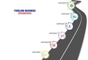 Vector template infographic Timeline of business operations with flags and placeholders on curved roads. Symbols, steps for successful business planning Suitable for advertising and presentations