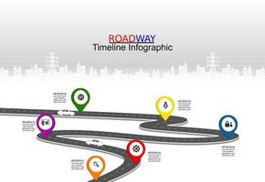 Vector template infographic Timeline of business operations with flags and placeholders on curved roads. Symbols, steps for successful business planning Suitable for advertising and presentations