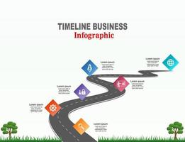 vector plantilla infografía línea de tiempo de operaciones comerciales con banderas y marcadores de posición en carreteras con curvas. símbolos, pasos para una planificación empresarial exitosa adecuados para publicidad y presentaciones