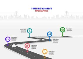 vector plantilla infografía línea de tiempo de operaciones comerciales con banderas y marcadores de posición en carreteras con curvas. símbolos, pasos para una planificación empresarial exitosa adecuados para publicidad y presentaciones