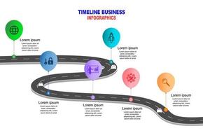 Vector template infographic Timeline of business operations with flags and placeholders on curved roads. Symbols, steps for successful business planning Suitable for advertising and presentations