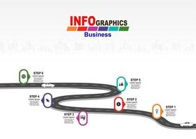 vector plantilla infografía línea de tiempo de operaciones comerciales con banderas y marcadores de posición en carreteras con curvas. símbolos, pasos para una planificación empresarial exitosa adecuados para publicidad y presentaciones