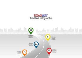 Vector template infographic Timeline of business operations with flags and placeholders on curved roads. Symbols, steps for successful business planning Suitable for advertising and presentations