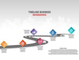 vector plantilla infografía línea de tiempo de operaciones comerciales con banderas y marcadores de posición en carreteras con curvas. símbolos, pasos para una planificación empresarial exitosa adecuados para publicidad y presentaciones