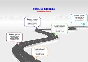 vector plantilla infografía línea de tiempo de operaciones comerciales con banderas y marcadores de posición en carreteras con curvas. símbolos, pasos para una planificación empresarial exitosa adecuados para publicidad y presentaciones