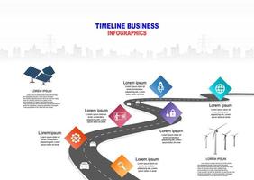 vector plantilla infografía línea de tiempo de operaciones comerciales con banderas y marcadores de posición en carreteras con curvas. innovación, por el medio ambiente y la sociedad ciudad que conviva. símbolos, pasos para el éxito