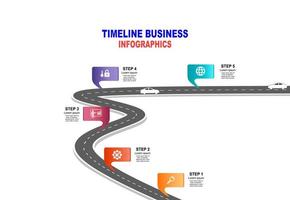 vector plantilla infografía línea de tiempo de operaciones comerciales con banderas y marcadores de posición en carreteras con curvas. símbolos, pasos para una planificación empresarial exitosa adecuados para publicidad y presentaciones