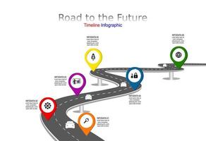 vector plantilla infografía línea de tiempo de operaciones comerciales con banderas y marcadores de posición en carreteras con curvas. símbolos, pasos para una planificación empresarial exitosa adecuados para publicidad y presentaciones