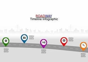 Vector template infographic Timeline of business operations with flags and placeholders on curved roads. Symbols, steps for successful business planning Suitable for advertising and presentations