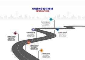 Vector template infographic Timeline of business operations with flags and placeholders on curved roads. Symbols, steps for successful business planning Suitable for advertising and presentations