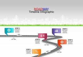 Vector template infographic Timeline of business operations with flags and placeholders on curved roads. Symbols, steps for successful business planning Suitable for advertising and presentations