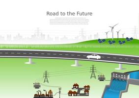 sistema de generación de energía energía limpia renovable de la naturaleza, como energía eólica, solar, agua, se puede utilizar para producir electricidad. plantilla de vector infografía línea de tiempo de operaciones comerciales con banderas