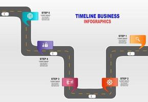 vector plantilla infografía línea de tiempo de operaciones comerciales con banderas y marcadores de posición en carreteras con curvas. símbolos, pasos para una planificación empresarial exitosa adecuados para publicidad y presentaciones