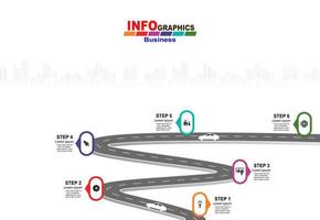 vector plantilla infografía línea de tiempo de operaciones comerciales con banderas y marcadores de posición en carreteras con curvas. símbolos, pasos para una planificación empresarial exitosa adecuados para publicidad y presentaciones