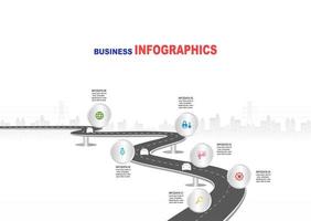 Vector template infographic Timeline of business operations with flags and placeholders on curved roads. Symbols, steps for successful business planning Suitable for advertising and presentations