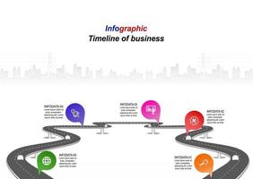 Vector template infographic Timeline of business operations with flags and placeholders on curved roads. Symbols, steps for successful business planning Suitable for advertising and presentations