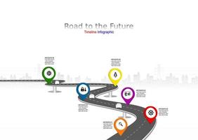 vector plantilla infografía línea de tiempo de operaciones comerciales con banderas y marcadores de posición en carreteras con curvas. símbolos, pasos para una planificación empresarial exitosa adecuados para publicidad y presentaciones