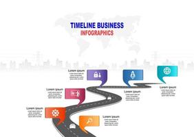 vector plantilla infografía línea de tiempo de operaciones comerciales con banderas y marcadores de posición en carreteras con curvas. símbolos, pasos para una planificación empresarial exitosa adecuados para publicidad y presentaciones