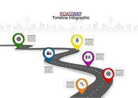 Vector template infographic Timeline of business operations with flags and placeholders on curved roads. Symbols, steps for successful business planning Suitable for advertising and presentations