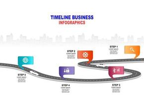 vector plantilla infografía línea de tiempo de operaciones comerciales con banderas y marcadores de posición en carreteras con curvas. símbolos, pasos para una planificación empresarial exitosa adecuados para publicidad y presentaciones