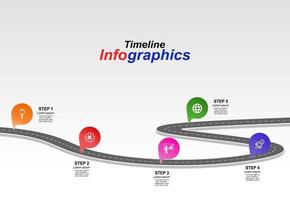 Vector template infographic Timeline of business operations with flags and placeholders on curved roads. Symbols, steps for successful business planning Suitable for advertising and presentations