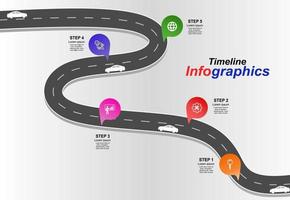 Vector template infographic Timeline of business operations with flags and placeholders on curved roads. Symbols, steps for successful business planning Suitable for advertising and presentations