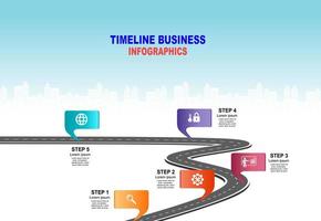 Vector template infographic Timeline of business operations with flags and placeholders on curved roads. Symbols, steps for successful business planning Suitable for advertising and presentations