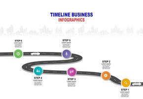 vector plantilla infografía línea de tiempo de operaciones comerciales con banderas y marcadores de posición en carreteras con curvas. símbolos, pasos para una planificación empresarial exitosa adecuados para publicidad y presentaciones