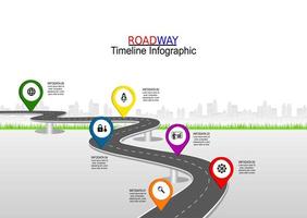 Vector template infographic Timeline of business operations with flags and placeholders on curved roads. Symbols, steps for successful business planning Suitable for advertising and presentations