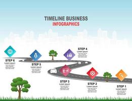 Vector template infographic Timeline of business operations with flags and placeholders on curved roads. Symbols, steps for successful business planning Suitable for advertising and presentations