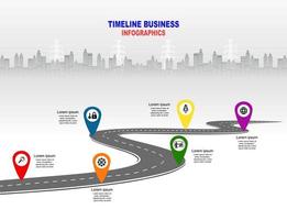 vector plantilla infografía línea de tiempo de operaciones comerciales con banderas y marcadores de posición en carreteras con curvas. símbolos, pasos para una planificación empresarial exitosa adecuados para publicidad y presentaciones