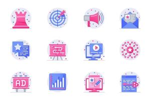 Marketing concept web flat color icons with shadow set. Pack pictograms of strategy, target, ad campaign, email newsletter and other. Vector illustration of symbols for website mobile app design