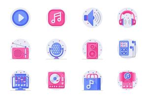 Music and radio station concept web flat color icons with shadow set. Pack pictograms of volume, microphone, earphones, play and other. Vector illustration of symbols for website mobile app design