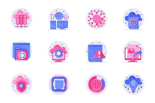 Cloud technology concept web flat color icons with shadow set. Pack pictograms of server racks, storage, processing, protection and other. Vector illustration of symbols for website mobile app design