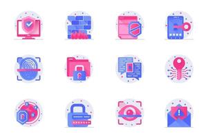 Cyber security concept web flat color icons with shadow set. Pack pictograms of protection, access, key, fingerprint scanning and other. Vector illustration of symbols for website mobile app design