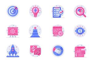 Business planning concept web flat color icons with shadow set. Pack pictograms of target, brainstorming, task, search, profit and other. Vector illustration of symbols for website mobile app design