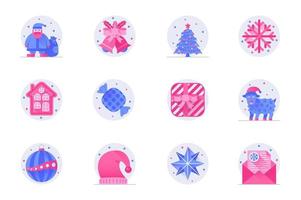 Christmas concept web flat color icons with shadow set. Pack pictograms of Santa Claus, bell, tree, snowflake, candy, gift, ball and other. Vector illustration of symbols for website mobile app design
