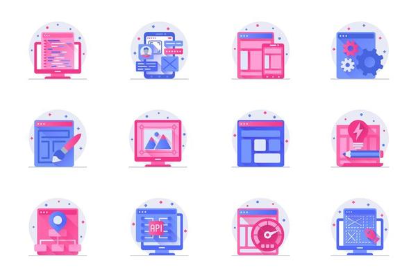 Design and development concept web flat color icons with shadow set. Pack pictograms of page optimization, layout, settings, image and other. Vector illustration of symbols for website mobile app