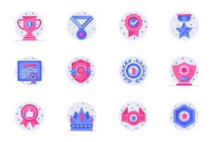 Award concept web flat color icons with shadow set. Pack pictograms of cup, winning medal, star, certificate, crown, victory and other. Vector illustration of symbols for website mobile app design